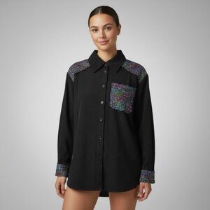 Umgee Black Ribbed Knit Top With sequin embellishments